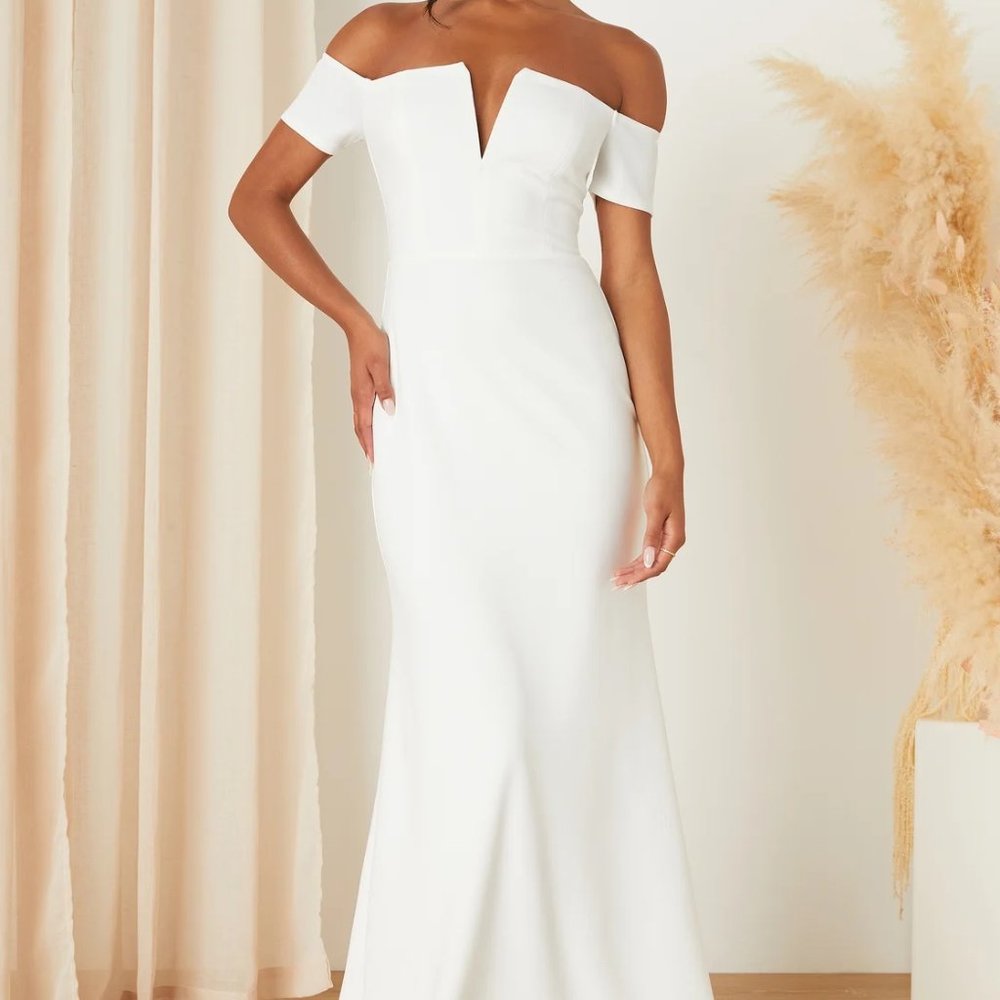 Lulus Bridal White Off-the-Shoulder Mermaid Maxi Dress Loveliest Aura Small
